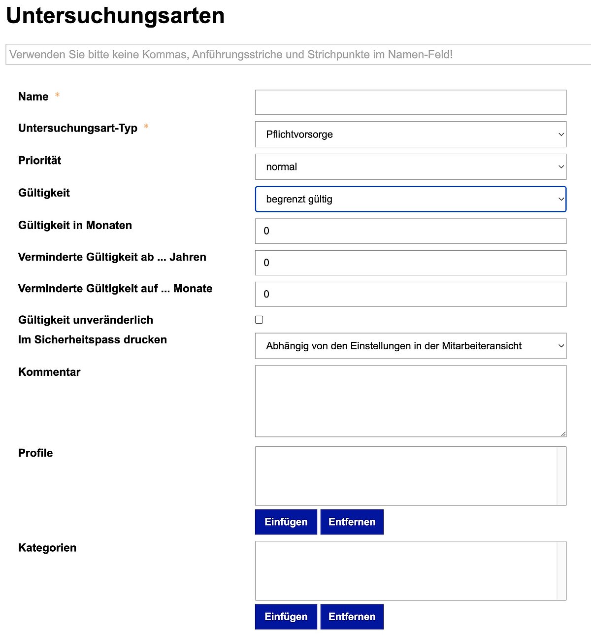 Untersuchungsarten anlegen